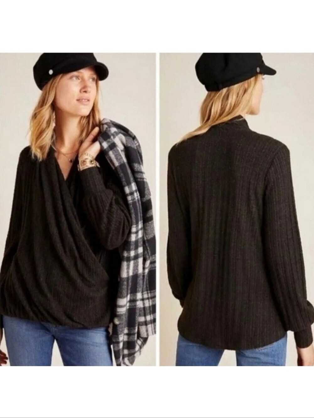 Anthropologie Maeve Rafela Hacci Surplice Faux Wrap Top Charcoal Gray Size Large